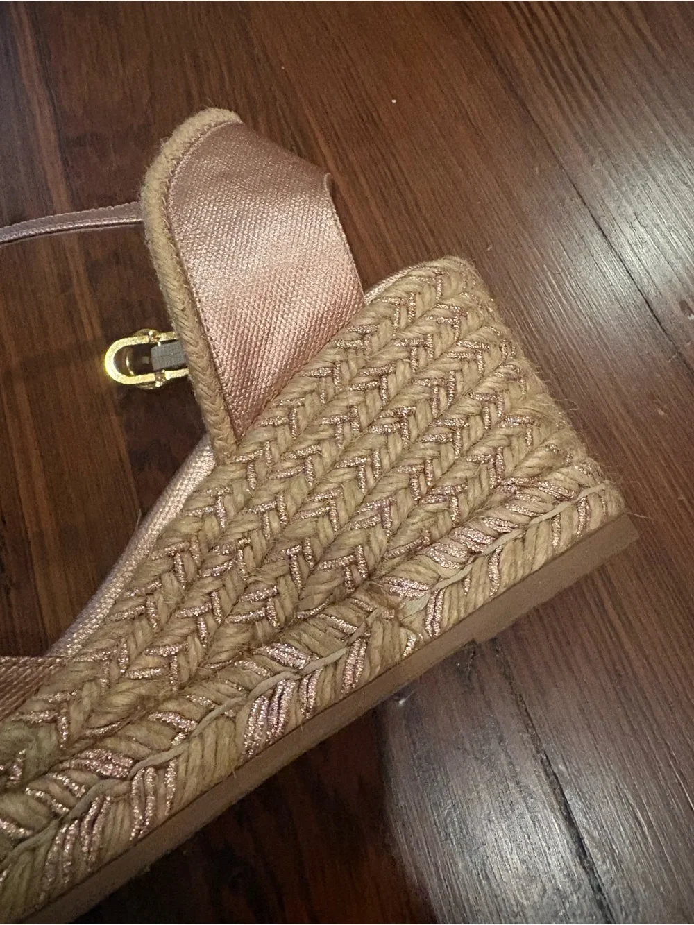 Stuart Weitzman Metallic Rose Gold Espadrille Wedge Sandals